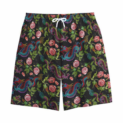 Chinese Dragon Flower Pattern Print Cotton Shorts
