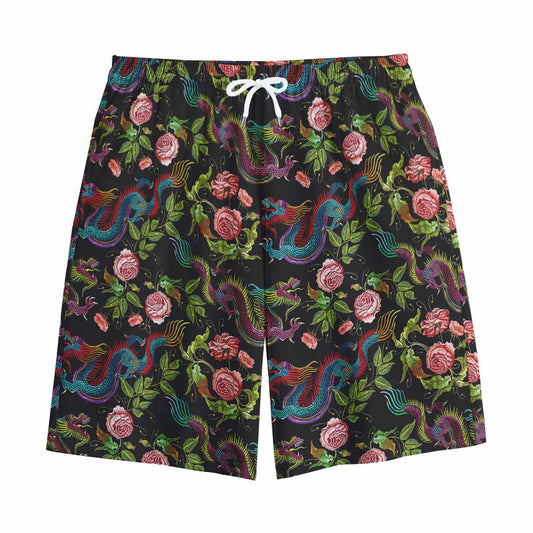 Chinese Dragon Flower Pattern Print Cotton Shorts