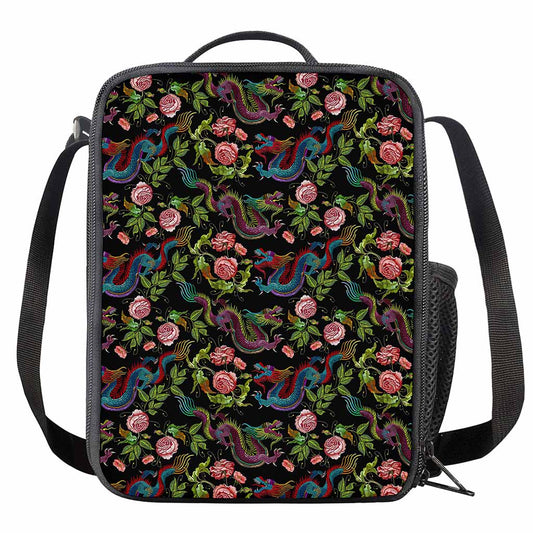 Chinese Dragon Flower Pattern Print Crossbody Lunch Bag