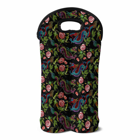 Chinese Dragon Flower Pattern Print Double Neoprene Wine Tote