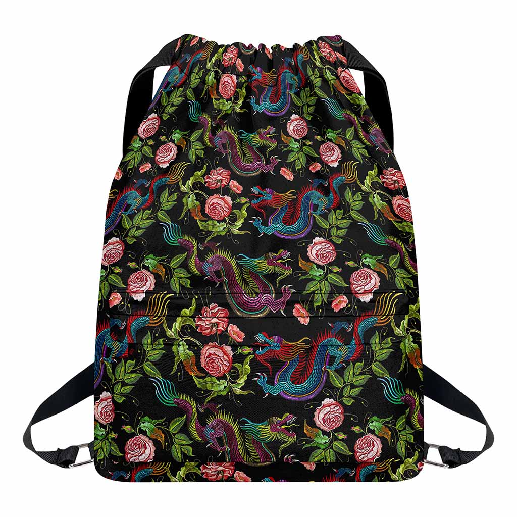 Chinese Dragon Flower Pattern Print Drawstring Backpack