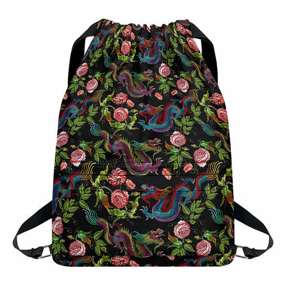 Chinese Dragon Flower Pattern Print Drawstring Backpack
