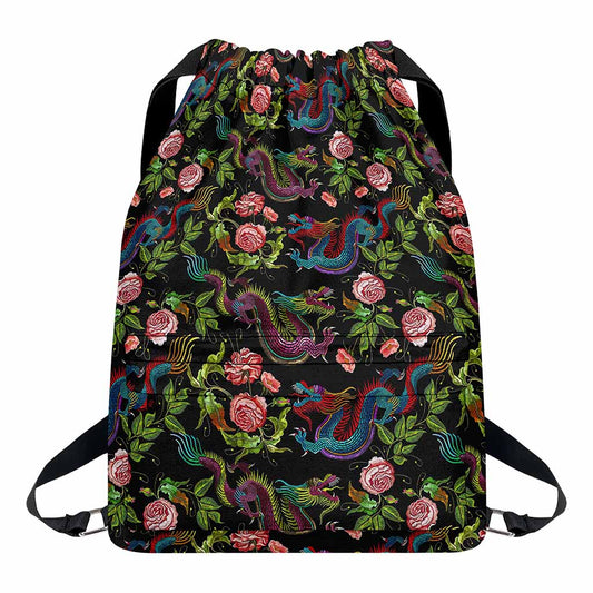 Chinese Dragon Flower Pattern Print Drawstring Backpack