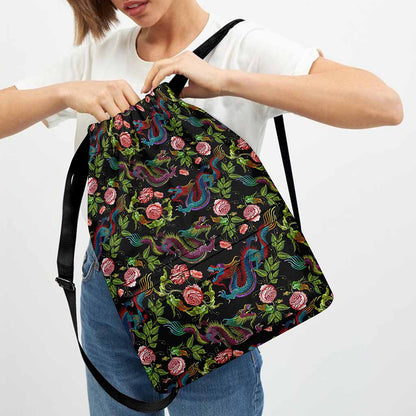 Chinese Dragon Flower Pattern Print Drawstring Backpack