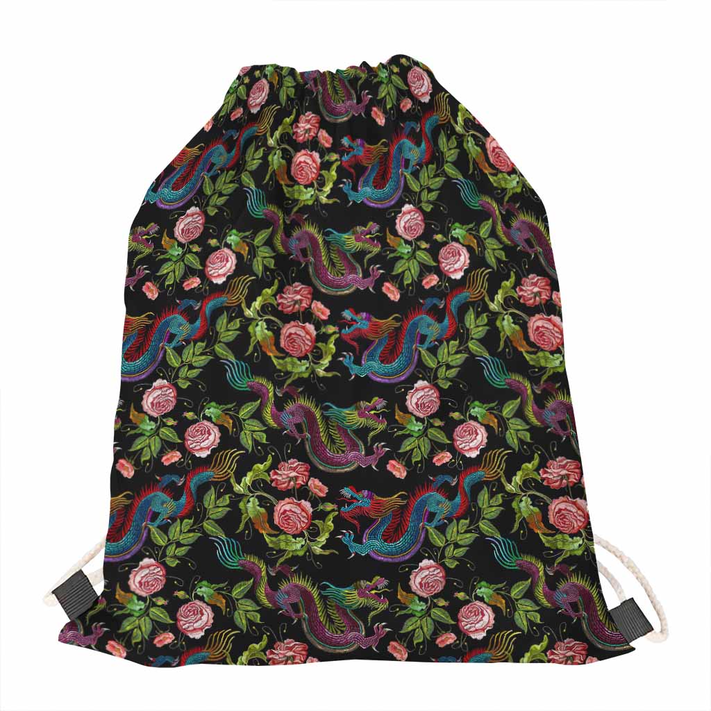 Chinese Dragon Flower Pattern Print Drawstring Bag