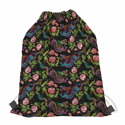 Chinese Dragon Flower Pattern Print Drawstring Bag