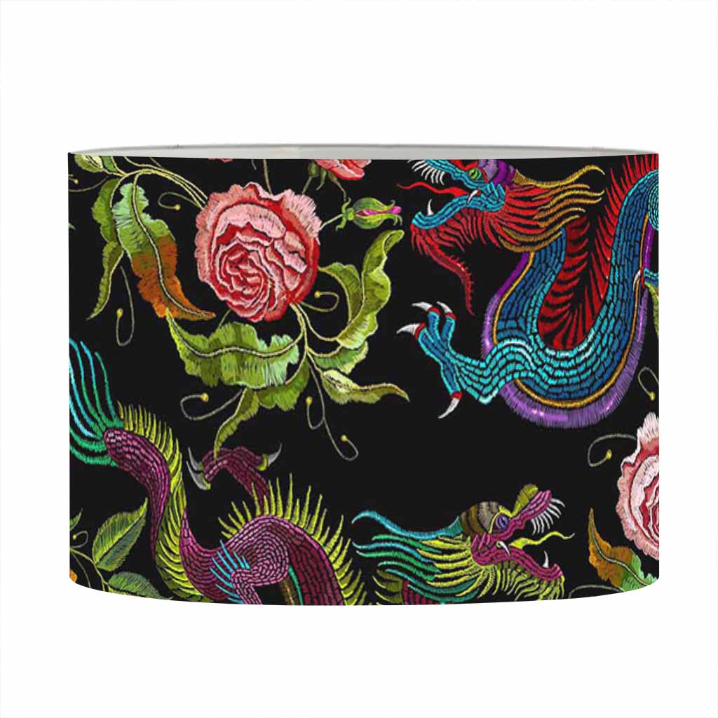 Chinese Dragon Flower Pattern Print Drum Lamp Shade