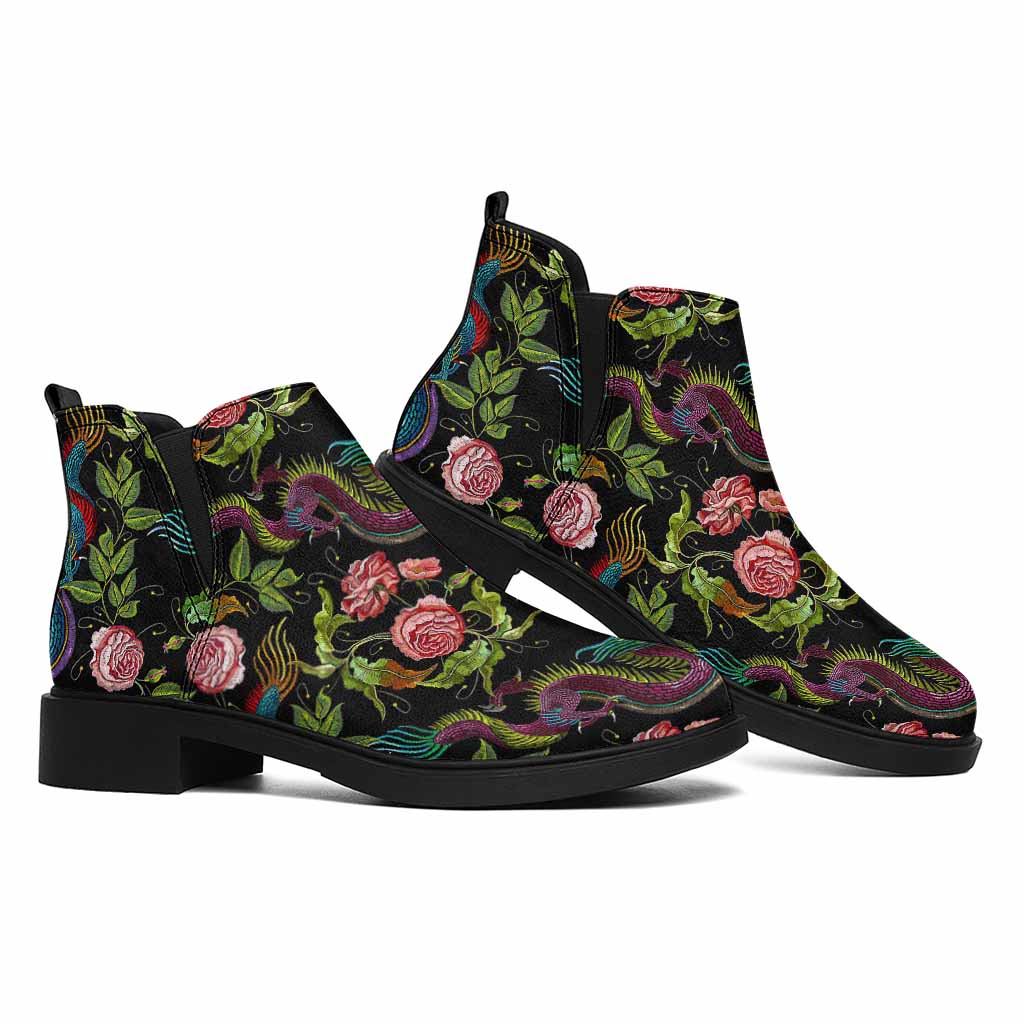 Chinese Dragon Flower Pattern Print Flat Ankle Boots