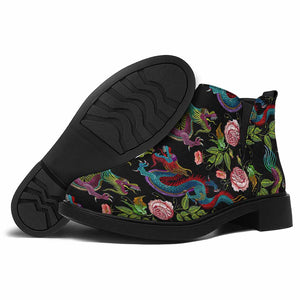 Chinese Dragon Flower Pattern Print Flat Ankle Boots