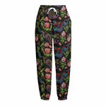 Chinese Dragon Flower Pattern Print Fleece Lined Knit Pants