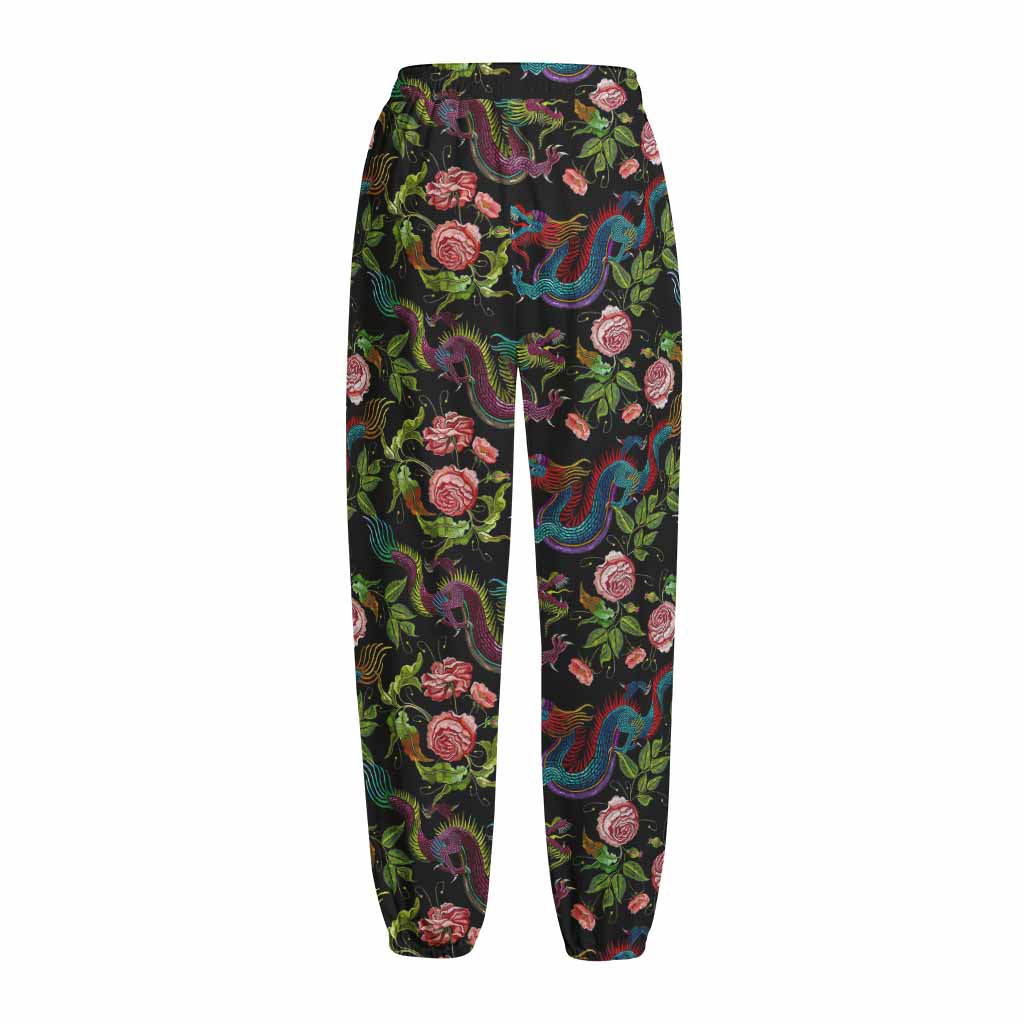 Chinese Dragon Flower Pattern Print Fleece Lined Knit Pants