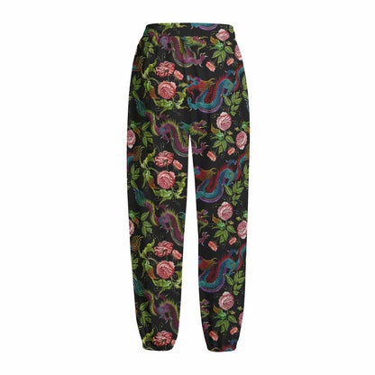 Chinese Dragon Flower Pattern Print Fleece Lined Knit Pants