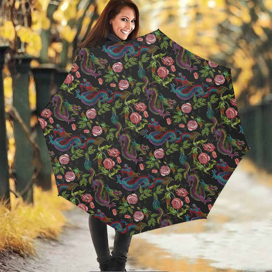 Chinese Dragon Flower Pattern Print Foldable Umbrella