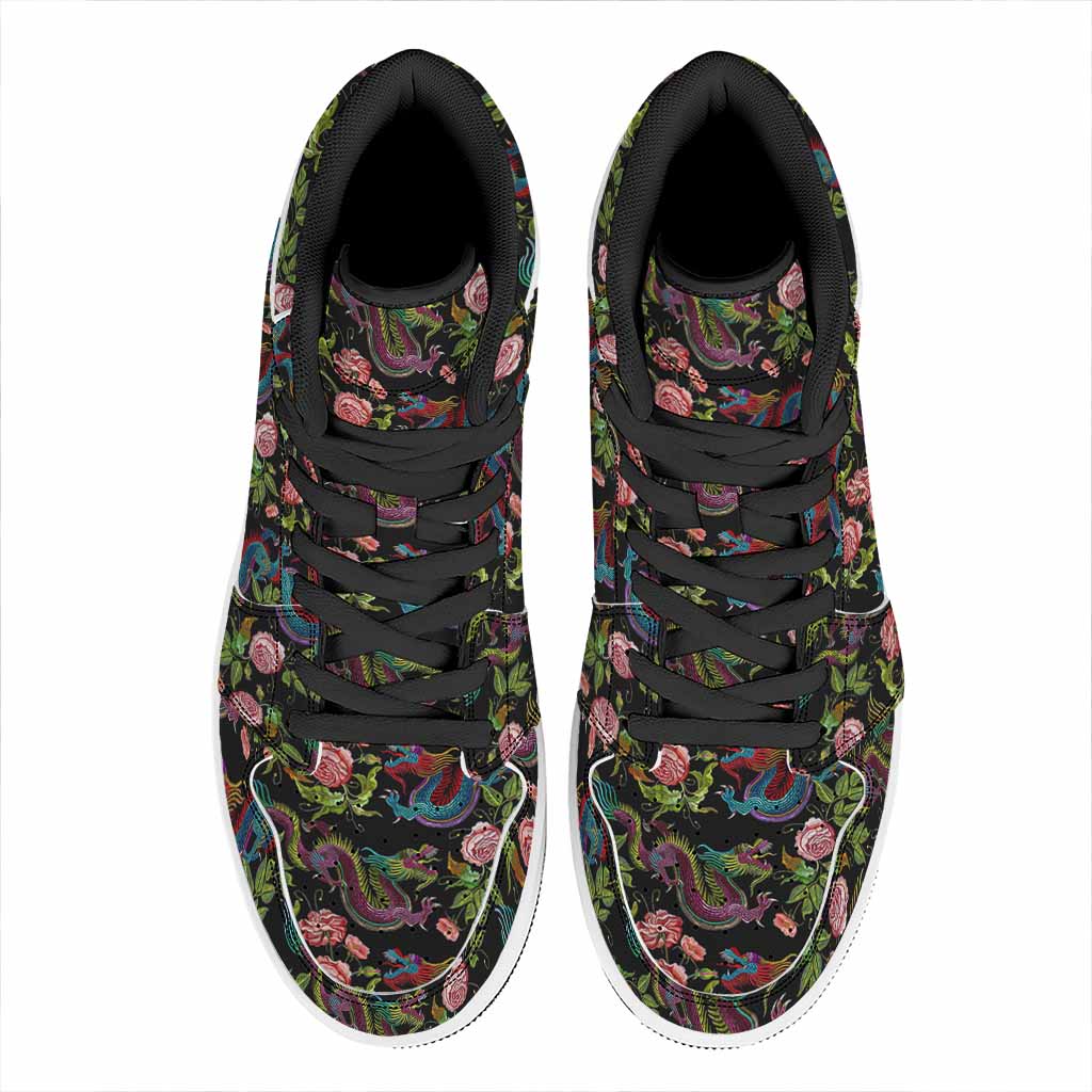 Chinese Dragon Flower Pattern Print High Top Leather Sneakers