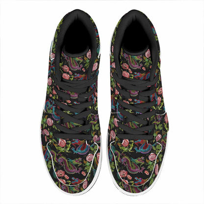 Chinese Dragon Flower Pattern Print High Top Leather Sneakers