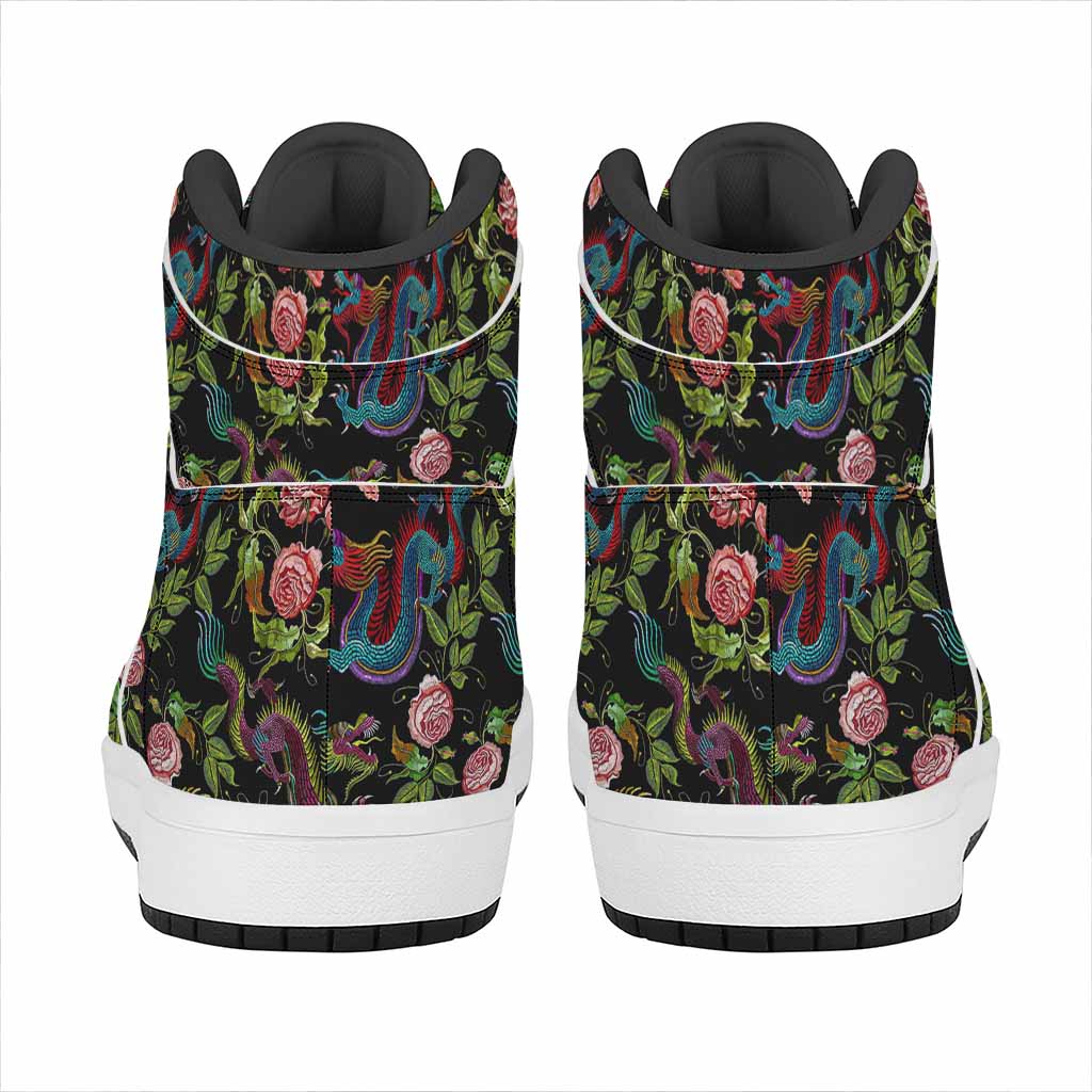 Chinese Dragon Flower Pattern Print High Top Leather Sneakers