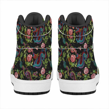 Chinese Dragon Flower Pattern Print High Top Leather Sneakers