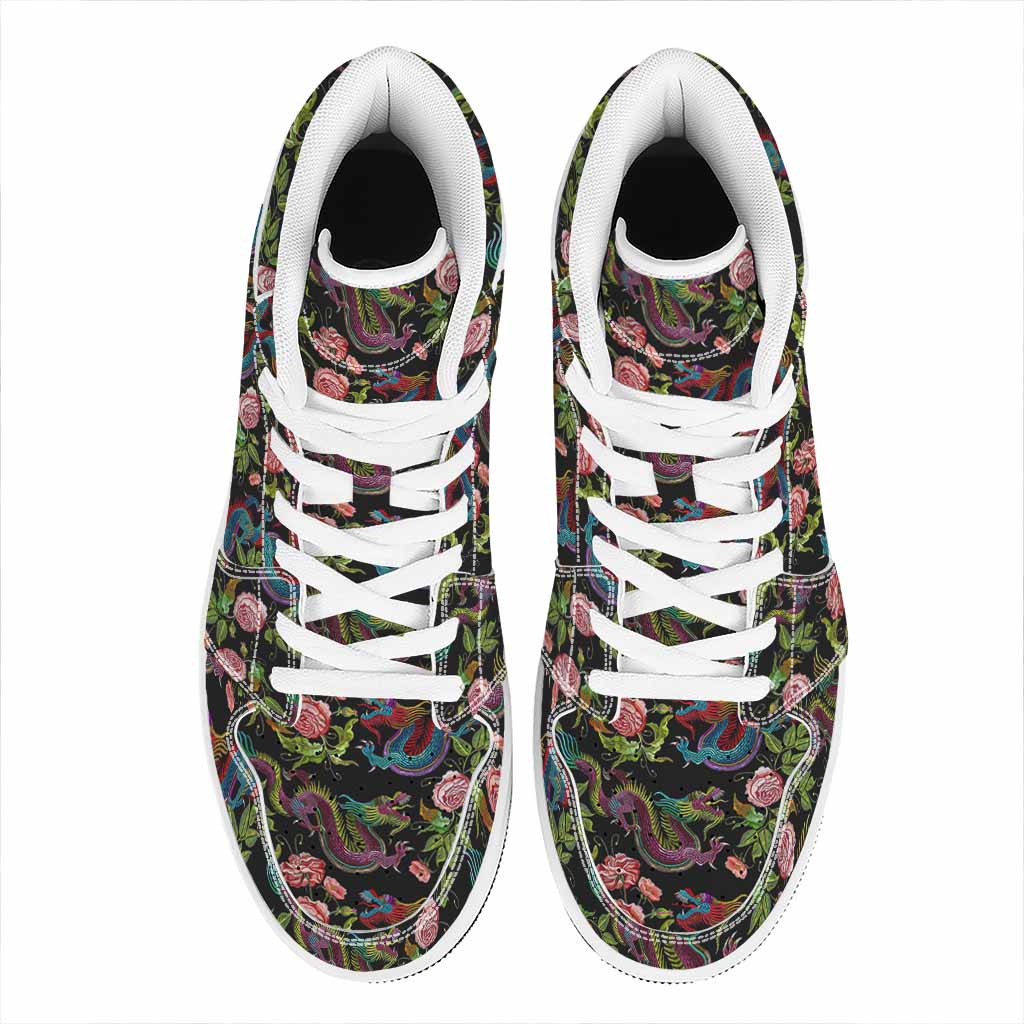 Chinese Dragon Flower Pattern Print High Top Leather Sneakers