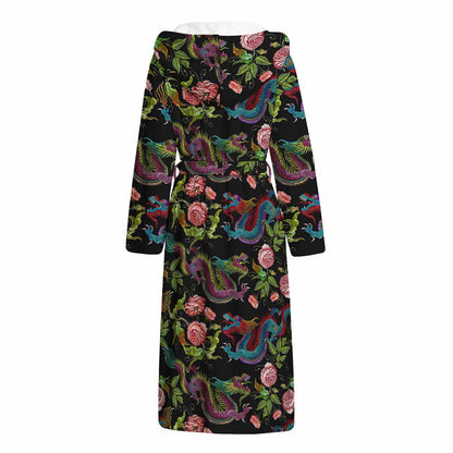 Chinese Dragon Flower Pattern Print Hooded Bathrobe