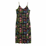 Chinese Dragon Flower Pattern Print Jersey Midi Cami Dress