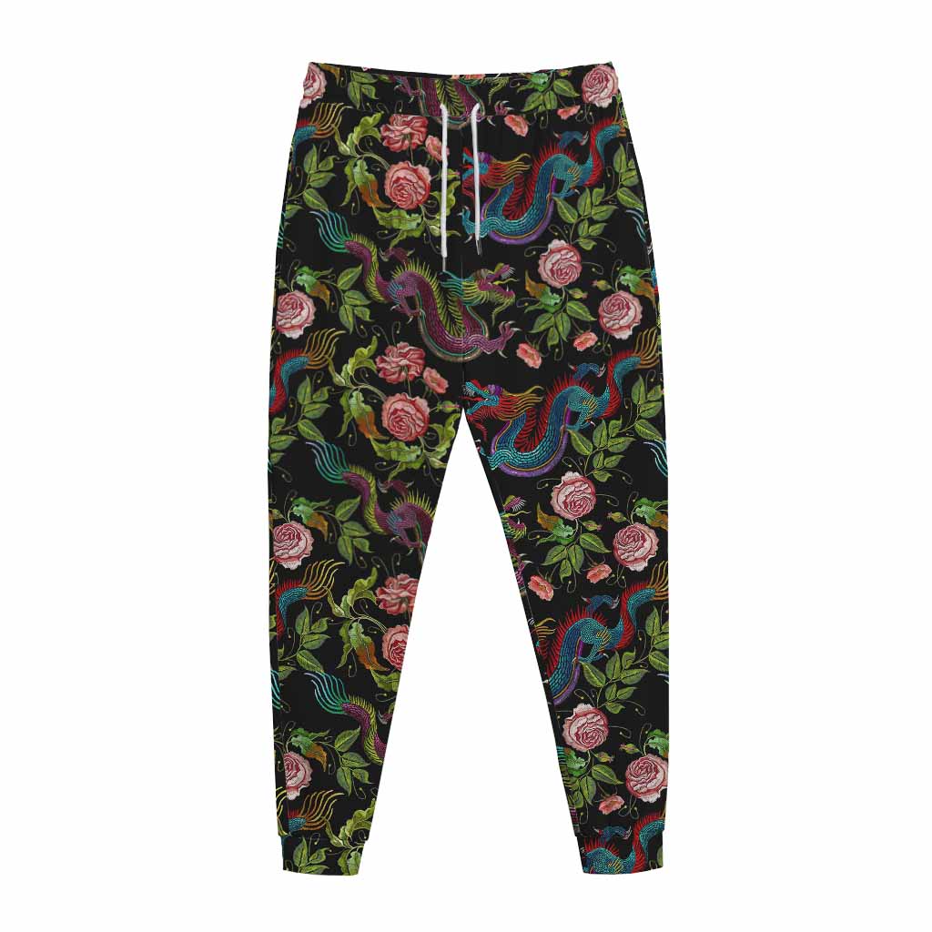 Chinese Dragon Flower Pattern Print Jogger Pants