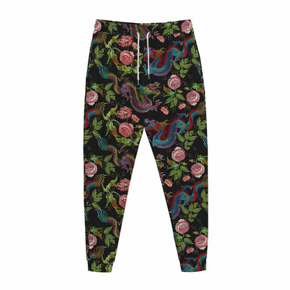 Chinese Dragon Flower Pattern Print Jogger Pants