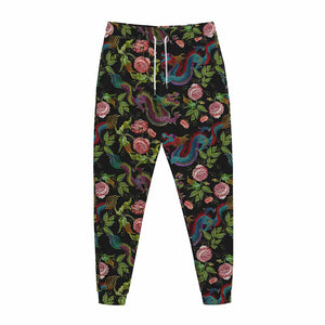 Chinese Dragon Flower Pattern Print Jogger Pants