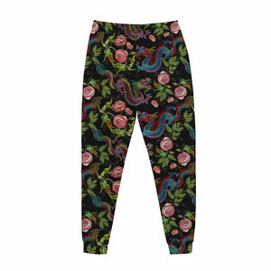 Chinese Dragon Flower Pattern Print Jogger Pants