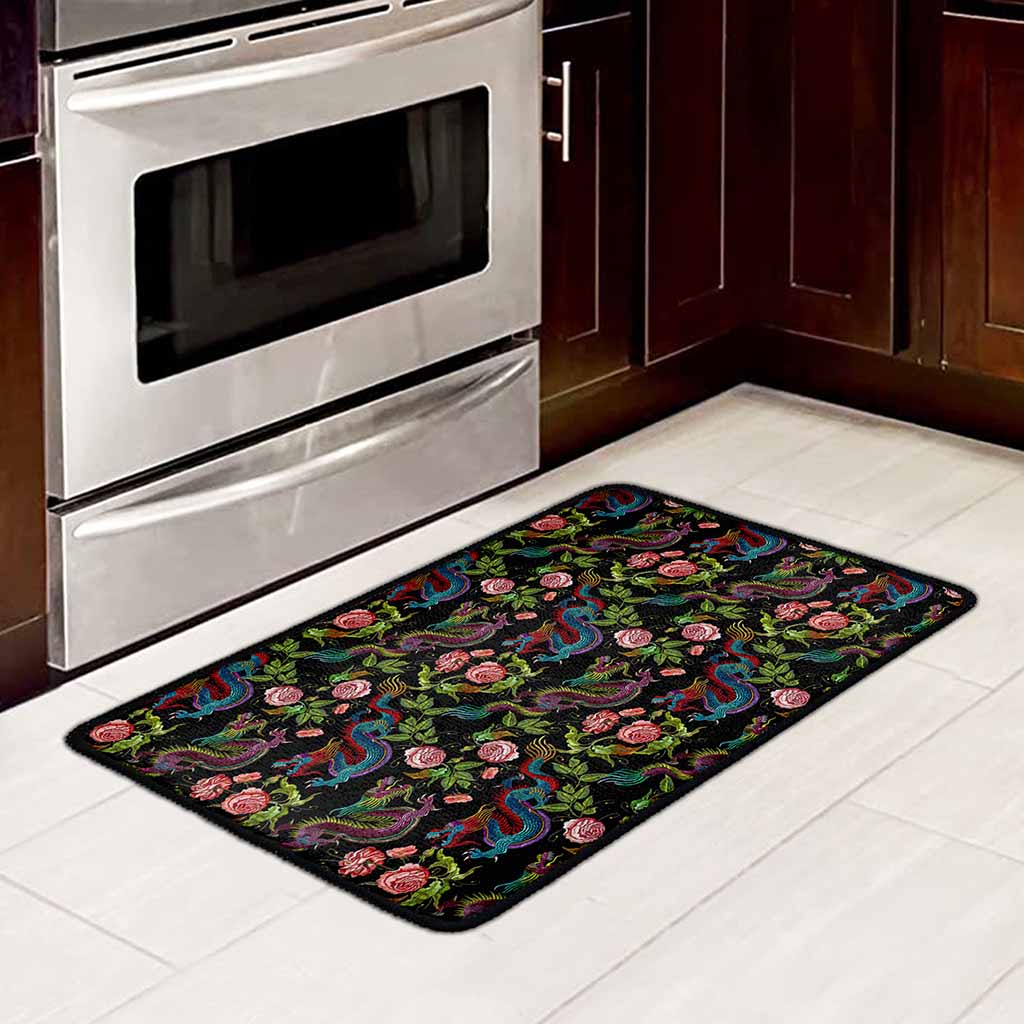 Chinese Dragon Flower Pattern Print Kitchen Mat