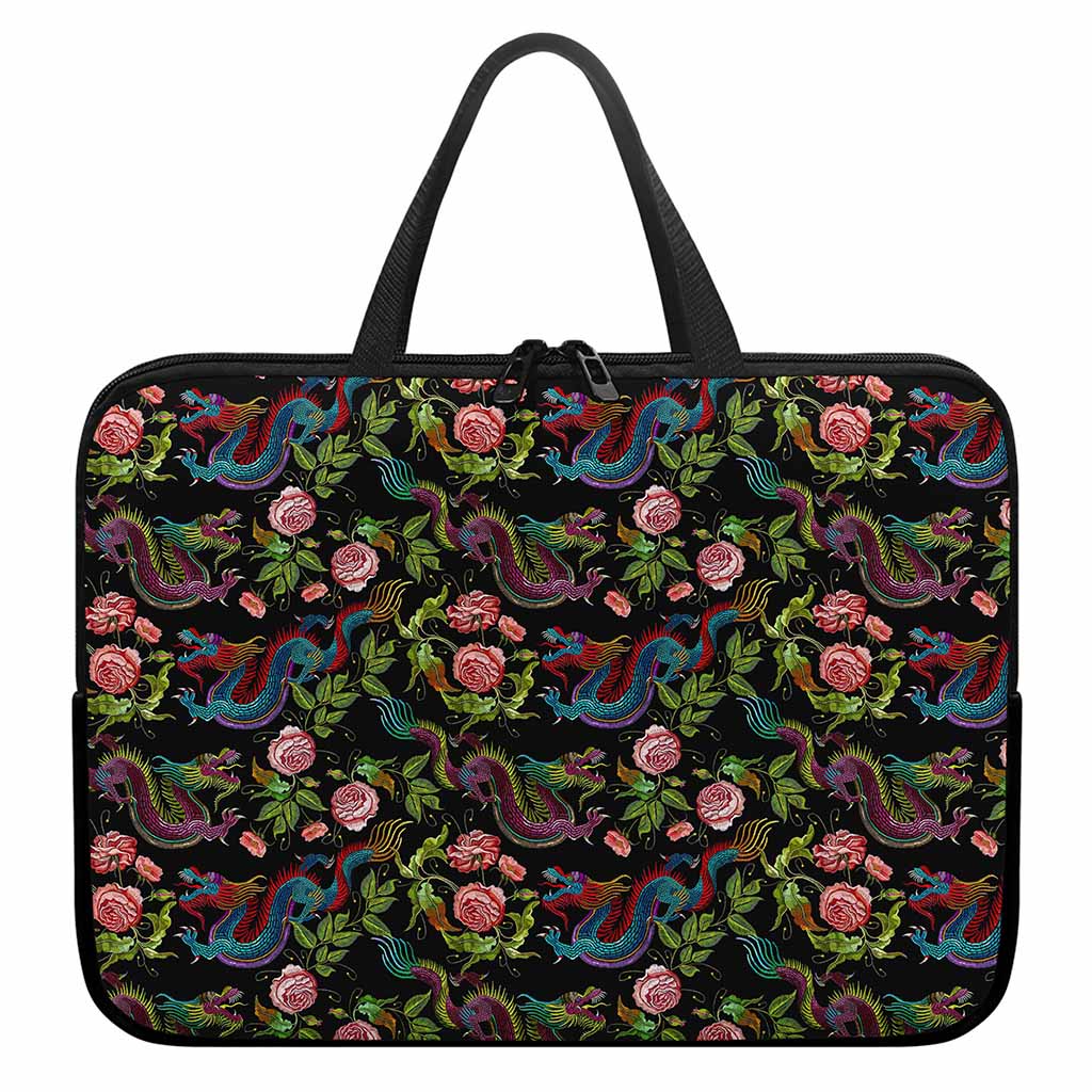 Chinese Dragon Flower Pattern Print Laptop Sleeve With Handle