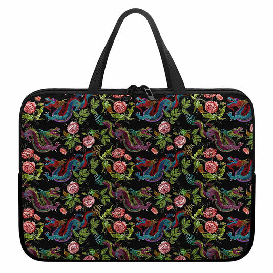 Chinese Dragon Flower Pattern Print Laptop Sleeve With Handle