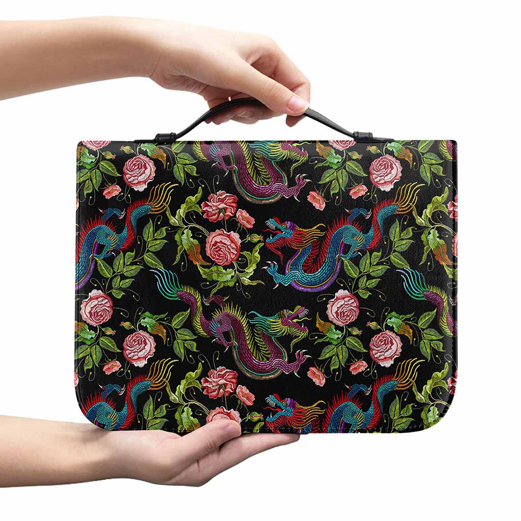 Chinese Dragon Flower Pattern Print Leather Bible Cover