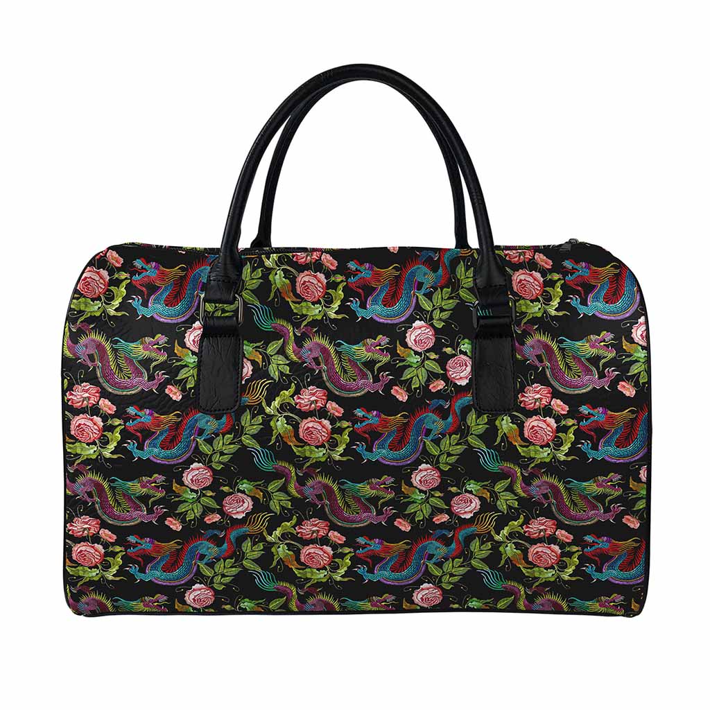 Chinese Dragon Flower Pattern Print Leather Duffle Bag