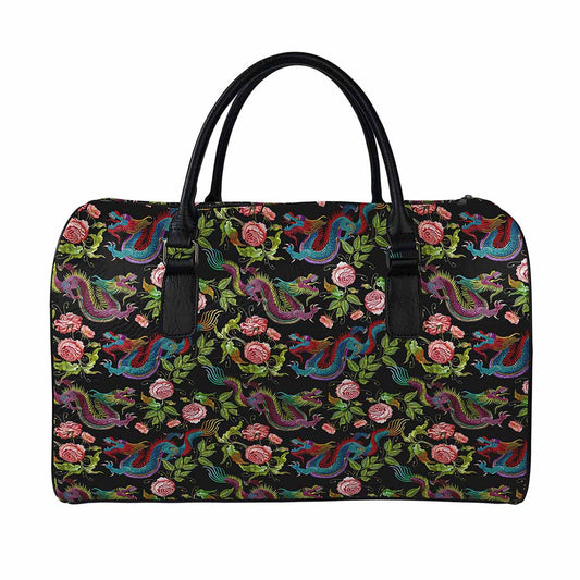 Chinese Dragon Flower Pattern Print Leather Duffle Bag