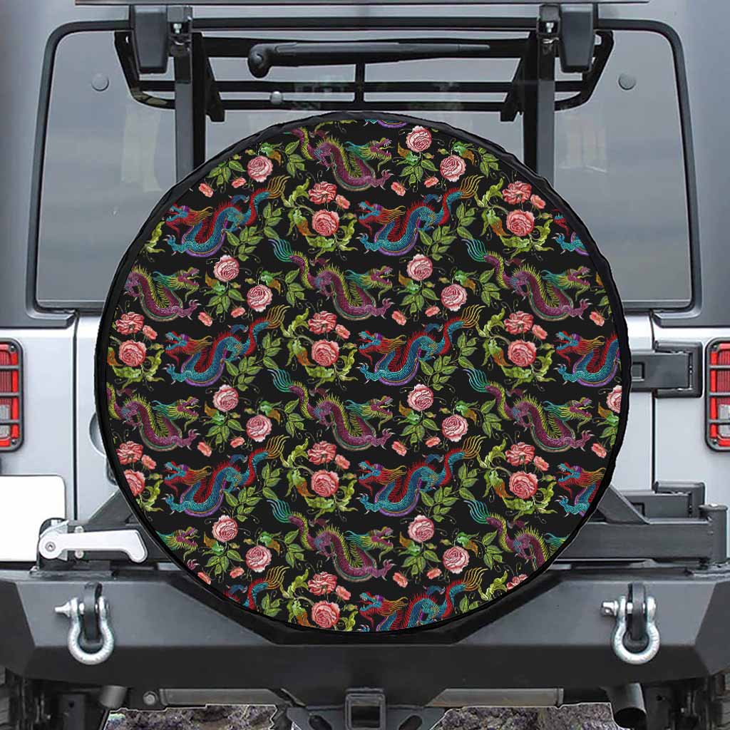 Chinese Dragon Flower Pattern Print Leather Spare Tire Cover