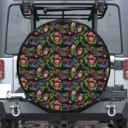 Chinese Dragon Flower Pattern Print Leather Spare Tire Cover
