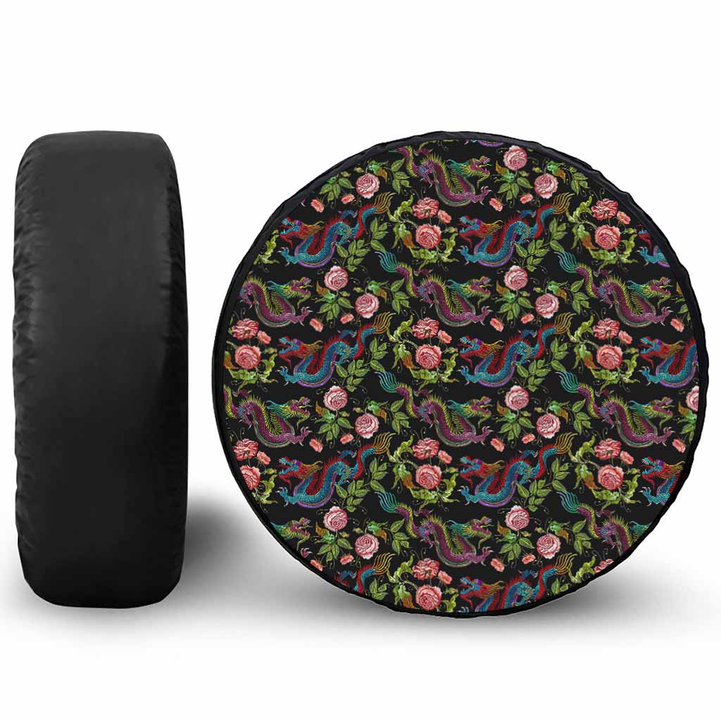 Chinese Dragon Flower Pattern Print Leather Spare Tire Cover