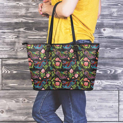 Chinese Dragon Flower Pattern Print Leather Tote Bag
