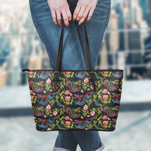 Chinese Dragon Flower Pattern Print Leather Tote Bag