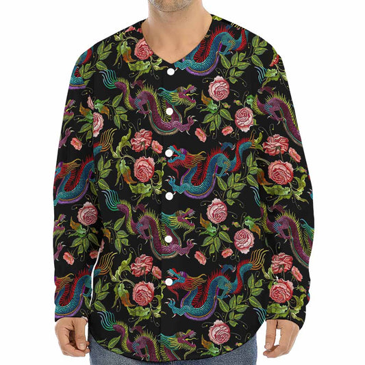 Chinese Dragon Flower Pattern Print Long Sleeve Baseball Jersey