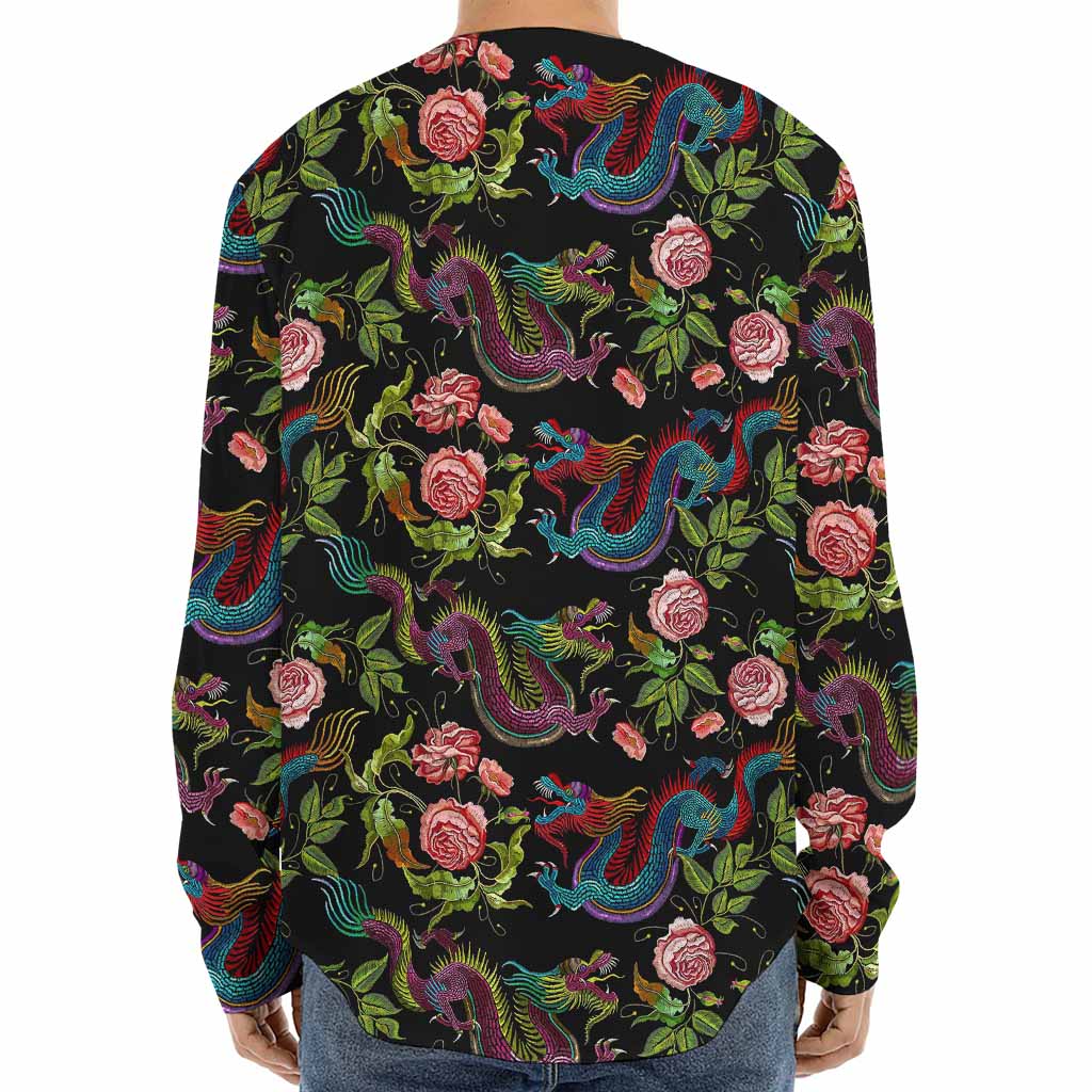 Chinese Dragon Flower Pattern Print Long Sleeve Baseball Jersey