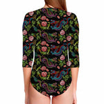 Chinese Dragon Flower Pattern Print Long Sleeve Swimsuit