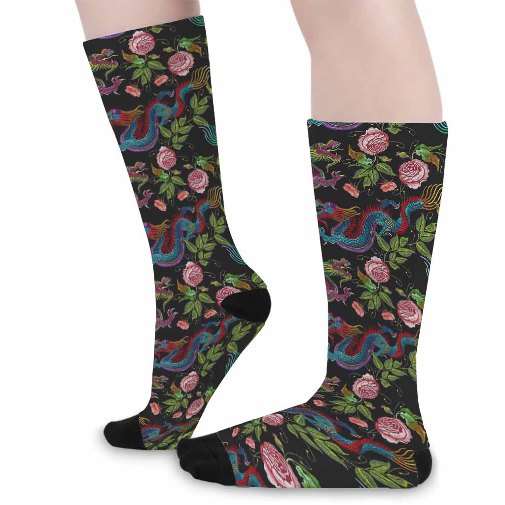Chinese Dragon Flower Pattern Print Long Socks