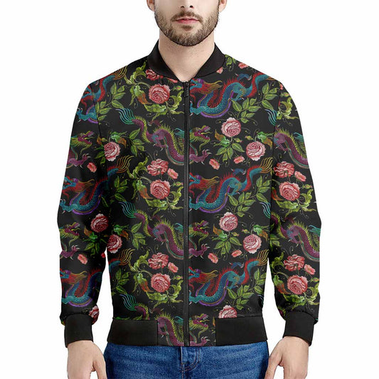 Chinese Dragon Flower Pattern Print Men's Bomber Jacket