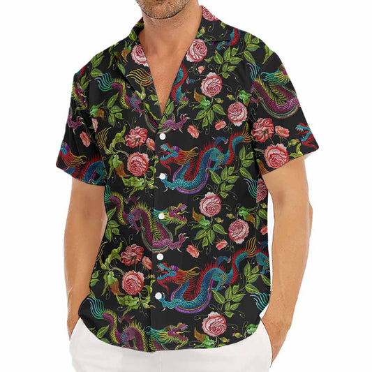 Chinese Dragon Flower Pattern Print Men's Deep V-Neck Shirt