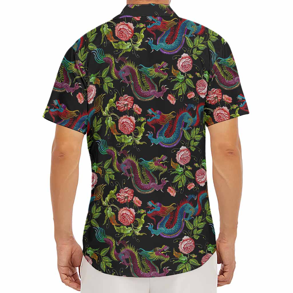 Chinese Dragon Flower Pattern Print Men's Deep V-Neck Shirt