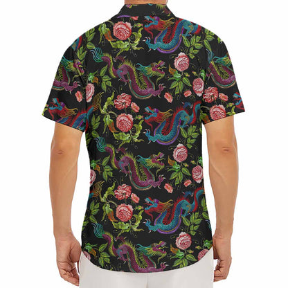 Chinese Dragon Flower Pattern Print Men's Deep V-Neck Shirt
