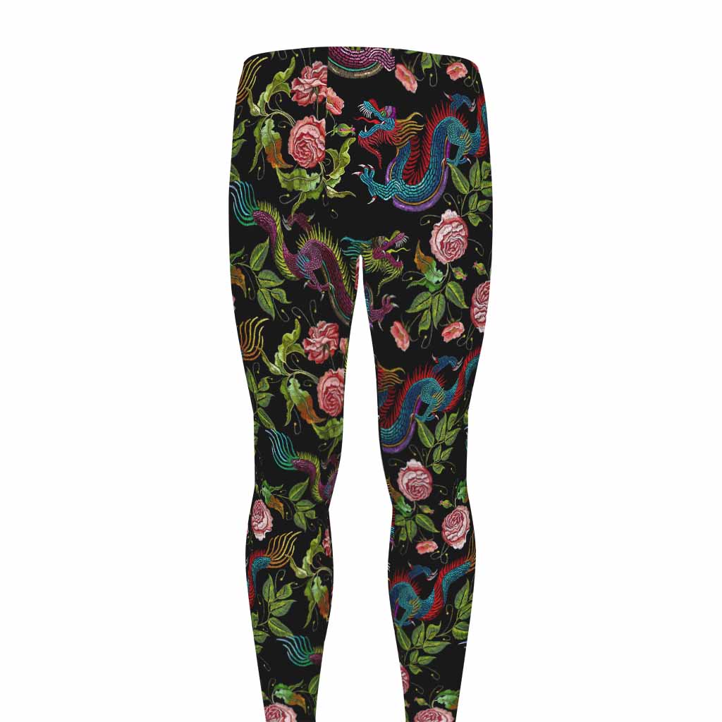 Chinese Dragon Flower Pattern Print Men's leggings