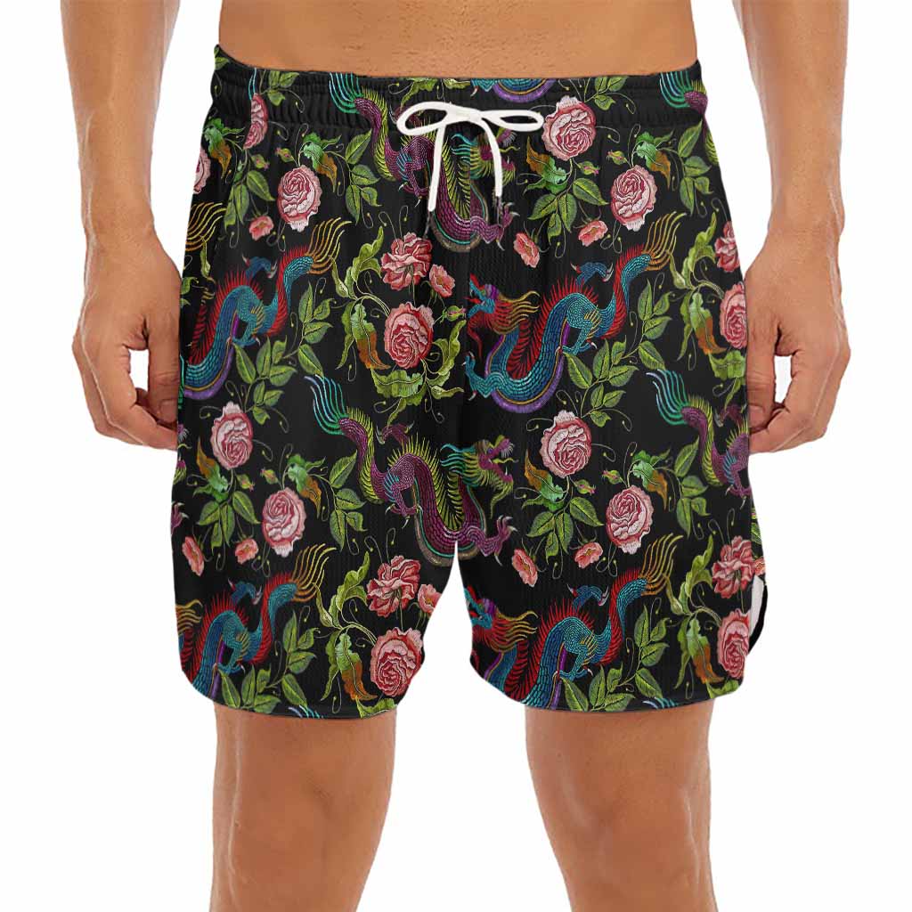 Chinese Dragon Flower Pattern Print Men's Split Running Shorts