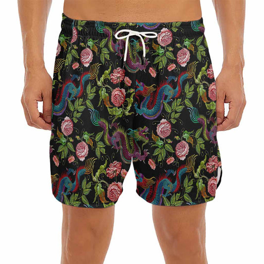 Chinese Dragon Flower Pattern Print Men's Split Running Shorts